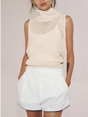 Zara Cream High-Waist Tailored Shorts with Navy Trim